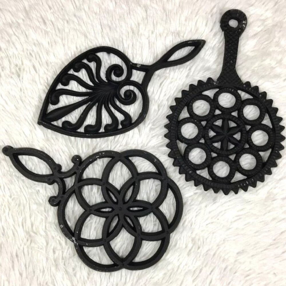 Vintage Set of 3 Intricate Black Metal Trivets